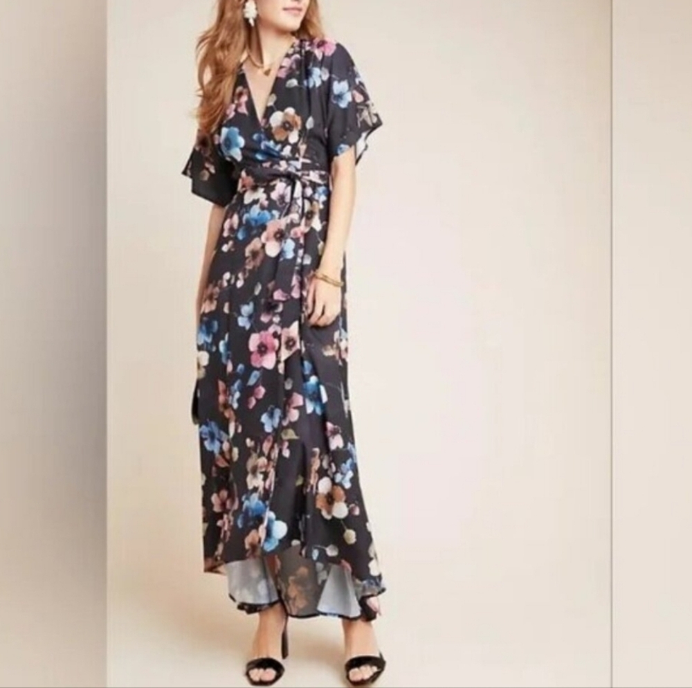 Hutch By Anthropologie Monaco Black Floral Wrap Maxi Dress - Size S